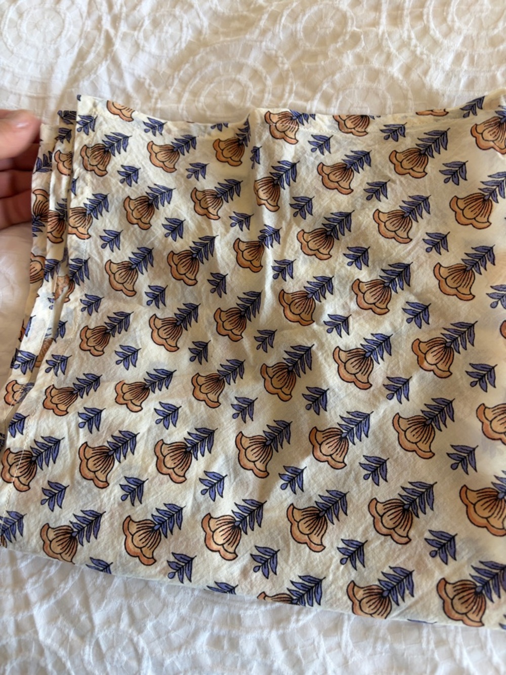 Roller Rabbit Cream Scarf with Blue and Tan Floral Motif